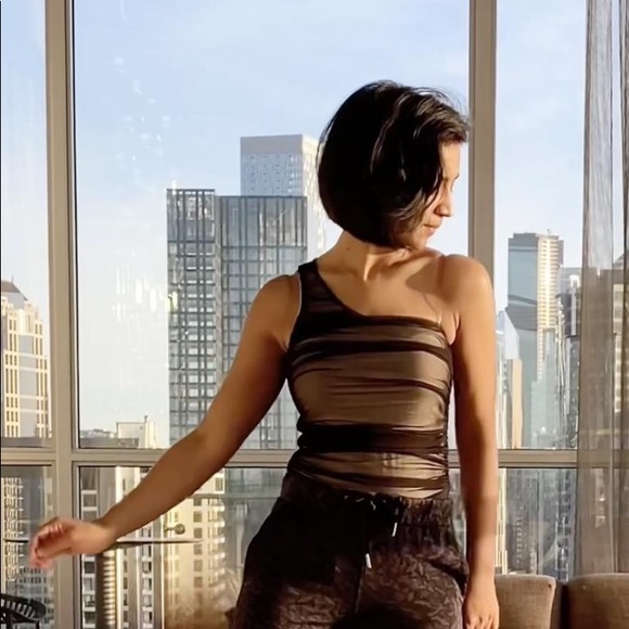 One Shoulder Mesh Ruched Thong Bodysuit - Picture 3 of 3